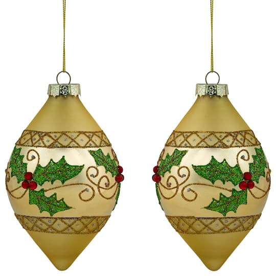 Set of 2 Golden Glitter Holly Finial Christmas Glass Ornaments 5" By Northlight | Michaels®